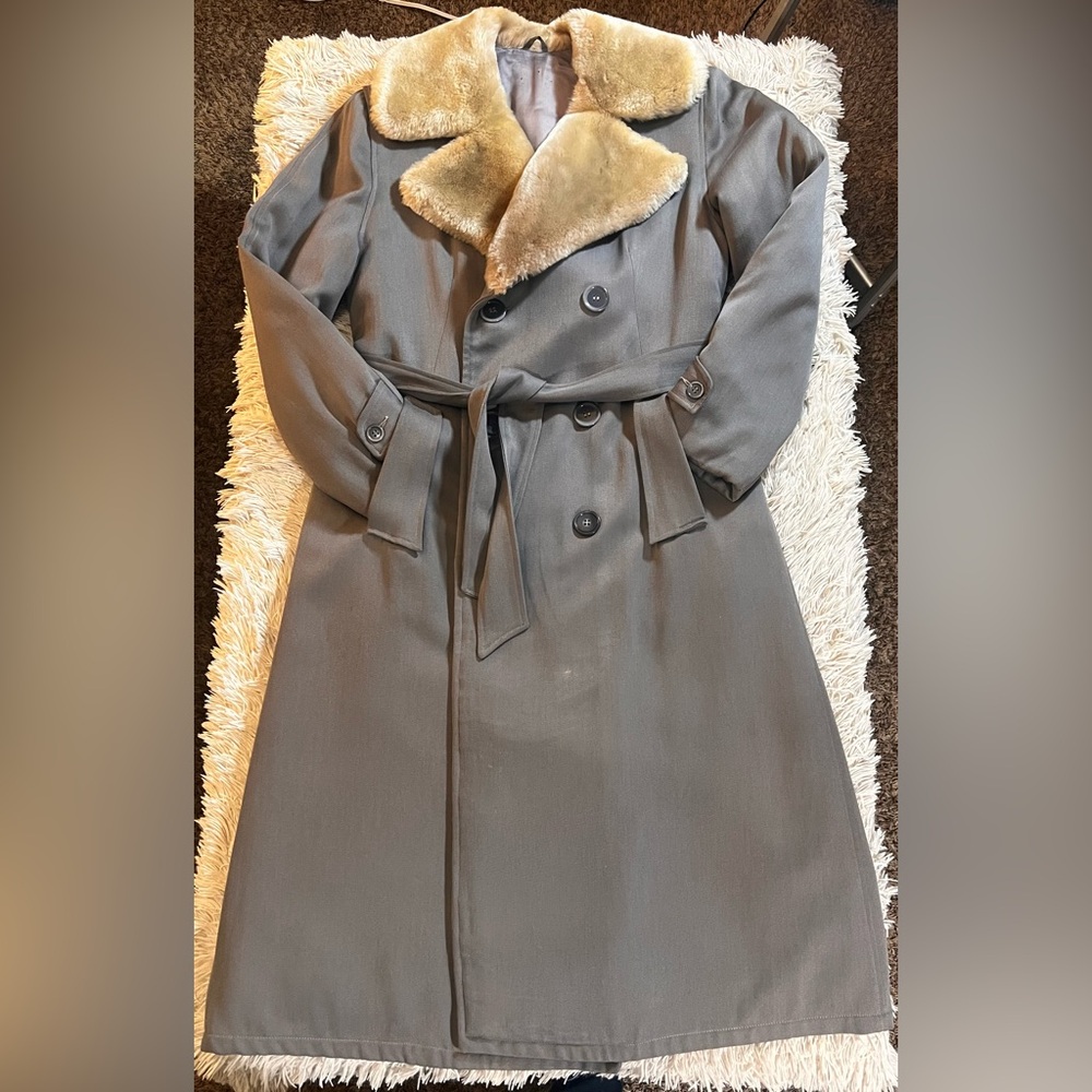 Double Breasted Gabardine Overcoat with Fur Collar